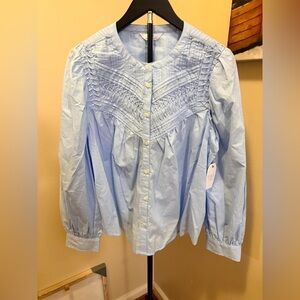 NWT Time And Tru Women’s Sz Large Light Blue Button-Up Smocked Yoke Blouse